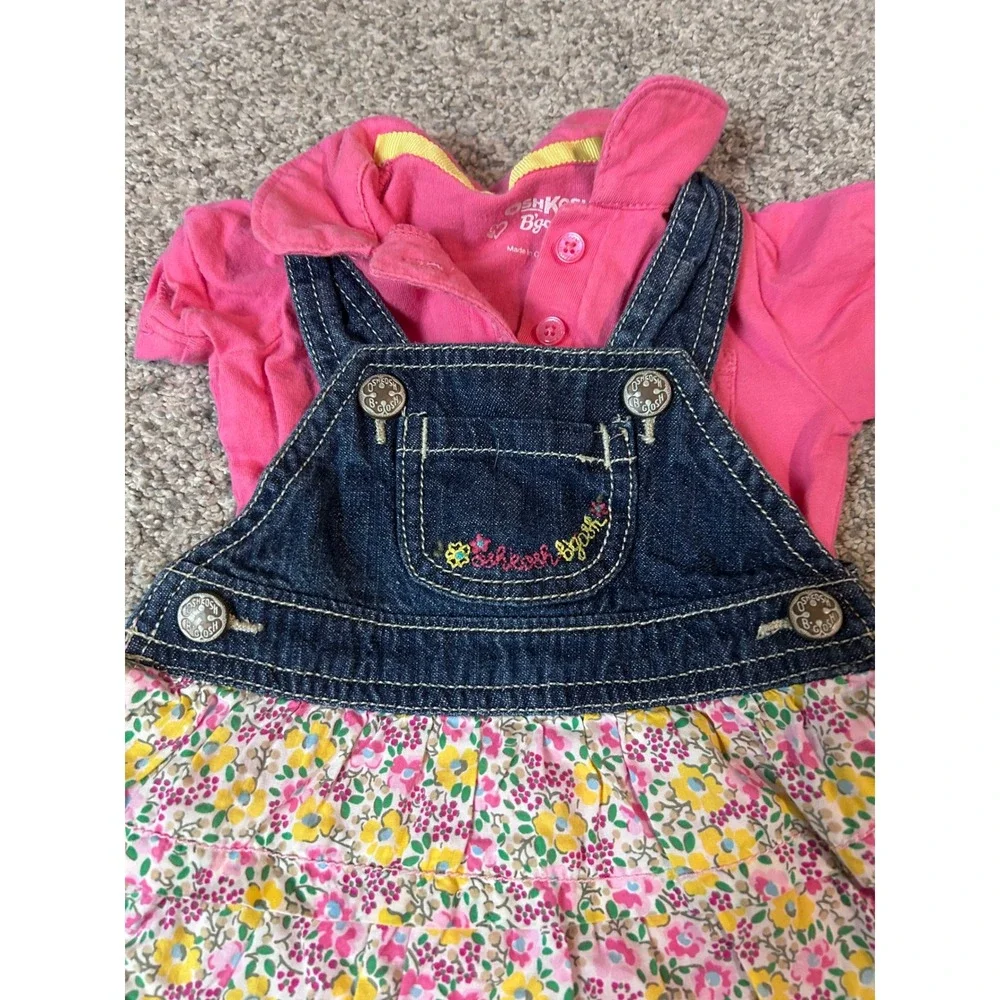 OshKosh Bgosh Baby Girls 3M Pink Polo Bodysuit Denim Floral Overall Dress Set